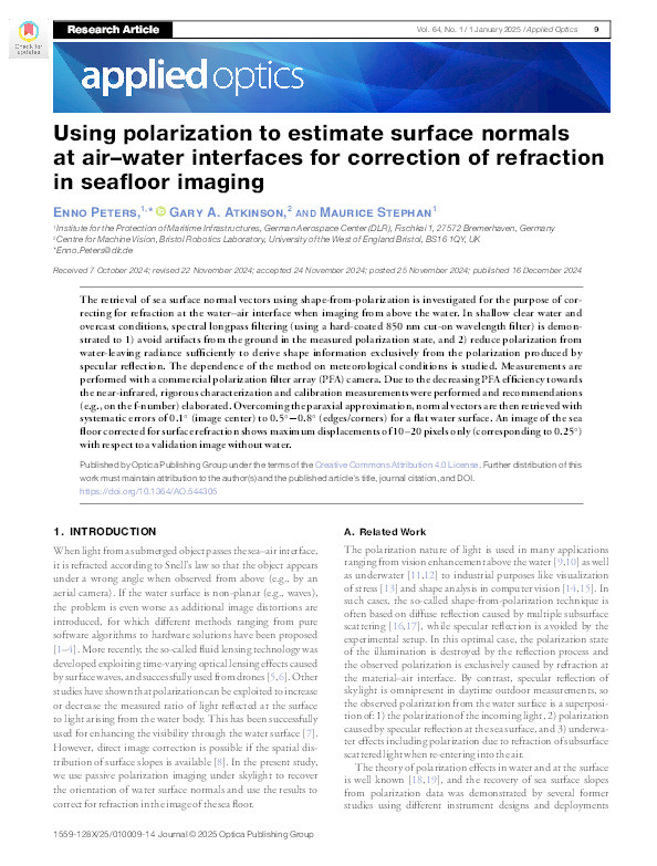 Using polarization to estimate surface normals at air-water interfaces for correction of refraction in seafloor imaging Thumbnail