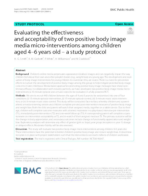 Evaluating the effectiveness and acceptability of two positive body image media micro-interventions among children aged 4–6 years old – a study protocol Thumbnail