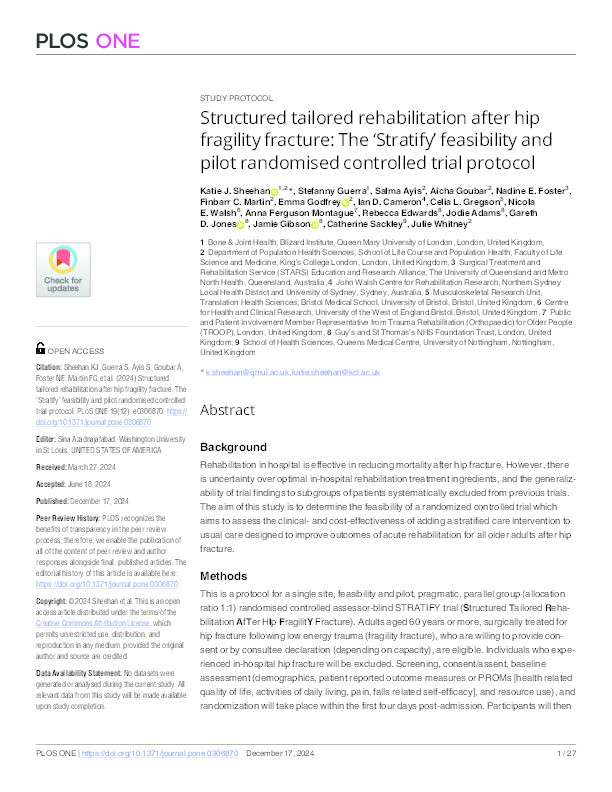 Structured tailored rehabilitation after hip fragility fracture: The ‘Stratify’ feasibility and pilot randomised controlled trial protocol Thumbnail