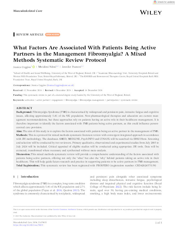 What factors are associated with patients being active partners in the management fibromyalgia? A mixed methods systematic review protocol Thumbnail