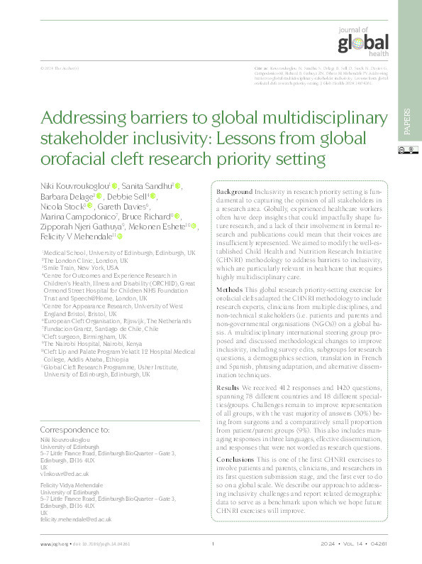 Addressing barriers to global multidisciplinary stakeholder inclusivity: Lessons from global orofacial cleft research priority setting Thumbnail