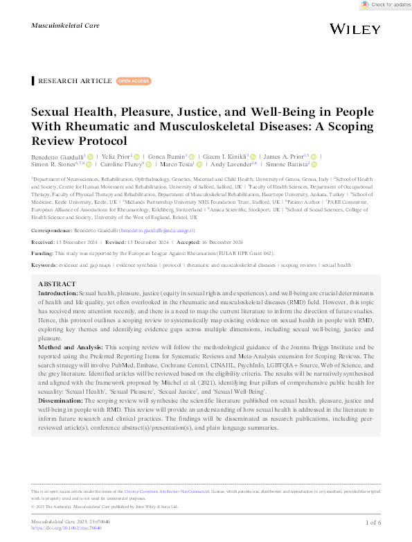 Sexual health, pleasure, justice, and well-being in people with rheumatic and musculoskeletal diseases: A scoping review protocol Thumbnail