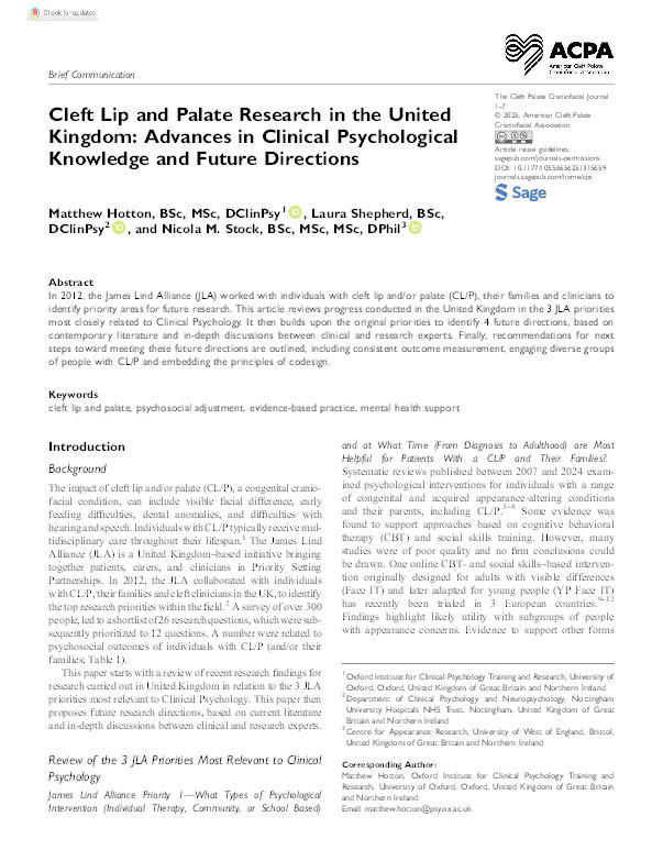 Cleft lip and palate research in the United Kingdom: Advances in clinical psychological knowledge and future directions Thumbnail