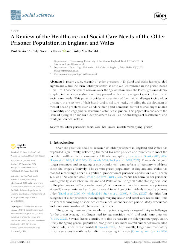 A review of the healthcare and social care needs of the older prisoner population in England and Wales Thumbnail