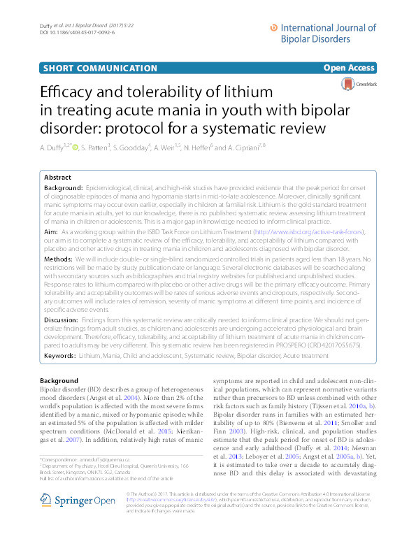 Efficacy and tolerability of lithium in treating acute mania in youth with bipolar disorder: Protocol for a systematic review Thumbnail