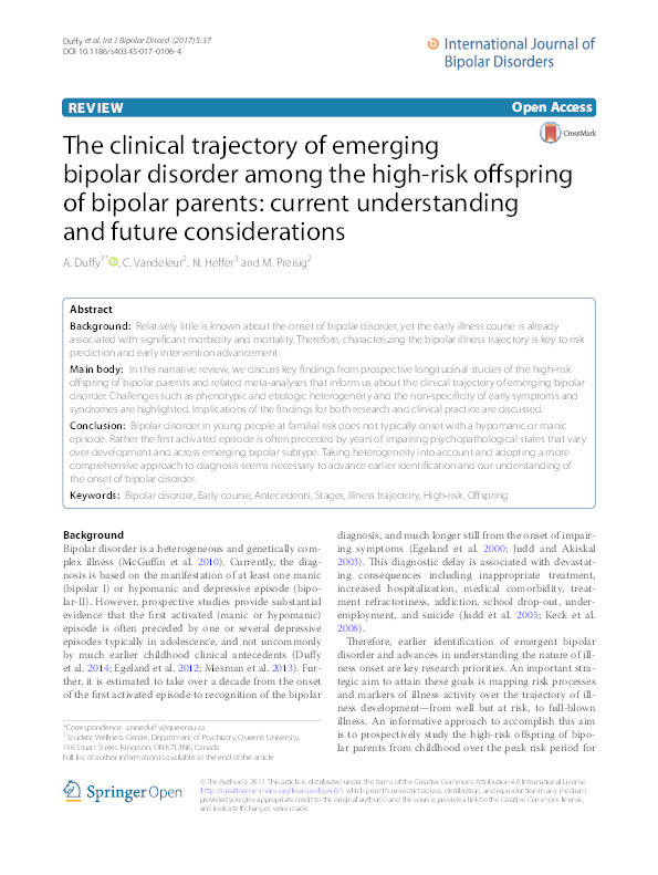 The clinical trajectory of emerging bipolar disorder among the high-risk offspring of bipolar parents: current understanding and future considerations Thumbnail