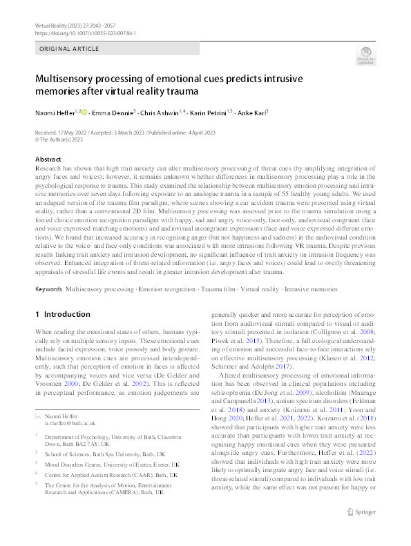 Multisensory processing of emotional cues predicts intrusive memories after virtual reality trauma Thumbnail