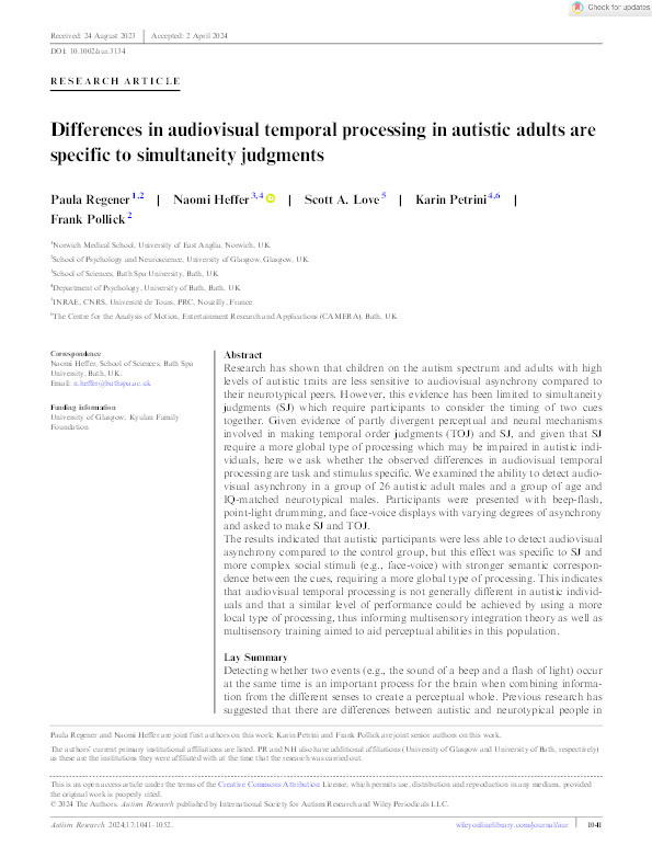 Differences in audiovisual temporal processing in autistic adults are specific to simultaneity judgments Thumbnail