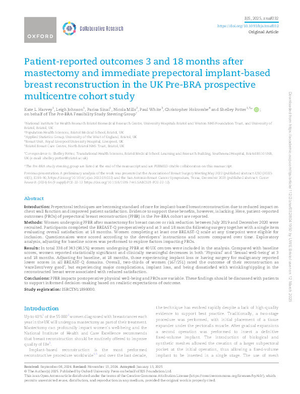 Patient-reported outcomes 3 and 18 months after mastectomy and immediate prepectoral implant-based breast reconstruction in the UK Pre-BRA prospective multicentre cohort study Thumbnail