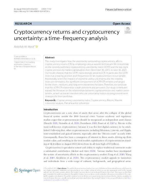 Cryptocurrency returns and cryptocurrency uncertainty: A time–frequency analysis Thumbnail