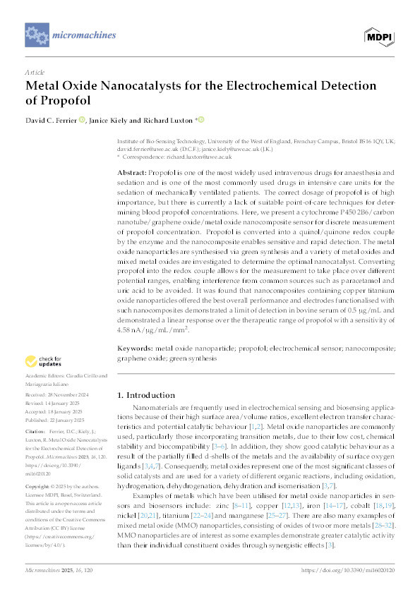 Metal oxide nanocatalysts for the electrochemical detection of propofol Thumbnail