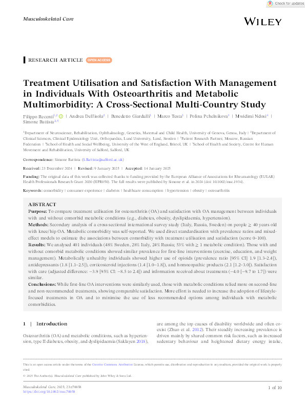 Treatment utilisation and satisfaction with management in individuals with osteoarthritis and metabolic multimorbidity: A cross‐sectional multi‐country study Thumbnail