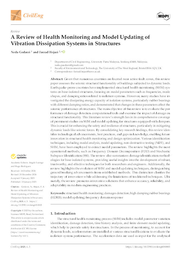 A review of health monitoring and model updating of vibration dissipation systems in structures Thumbnail