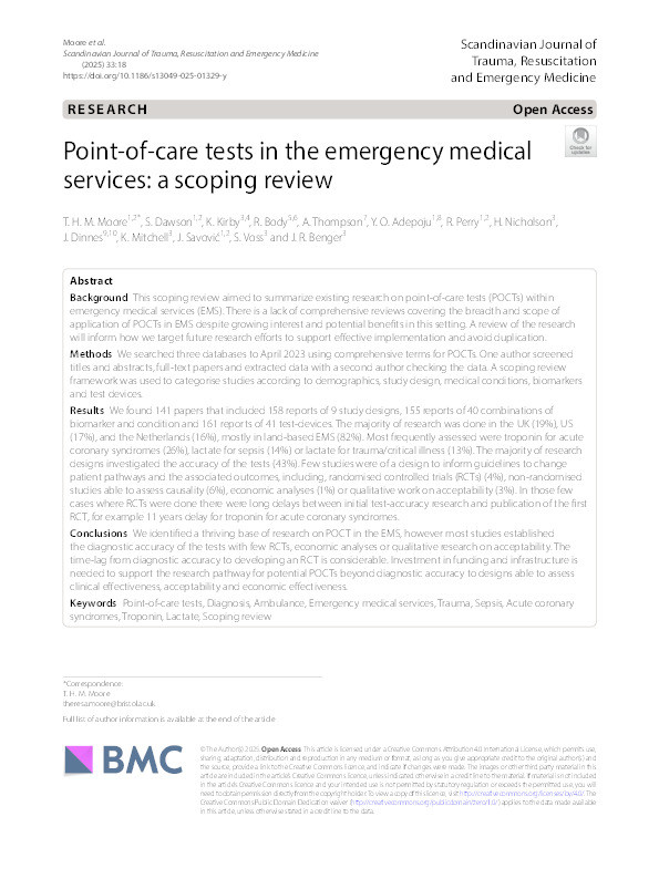 Point-of-care tests in the emergency medical services: A scoping review Thumbnail