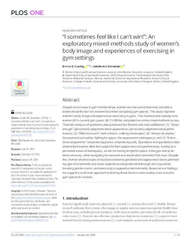 “I sometimes feel like I can’t win!”: An exploratory mixed-methods study of women’s body image and experiences of exercising in gym settings Thumbnail