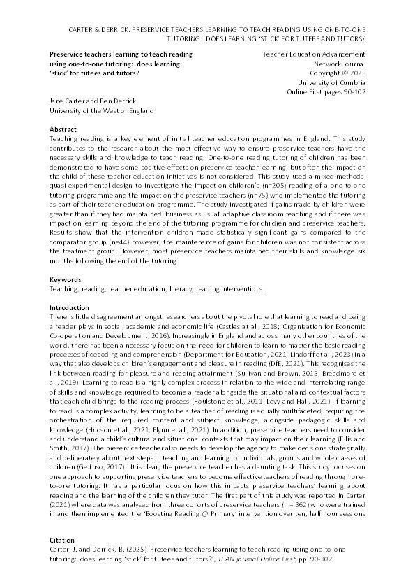 Preservice teachers learning to teach reading using one-to-one tutoring: Does learning 'stick' for tutees and tutors? Thumbnail