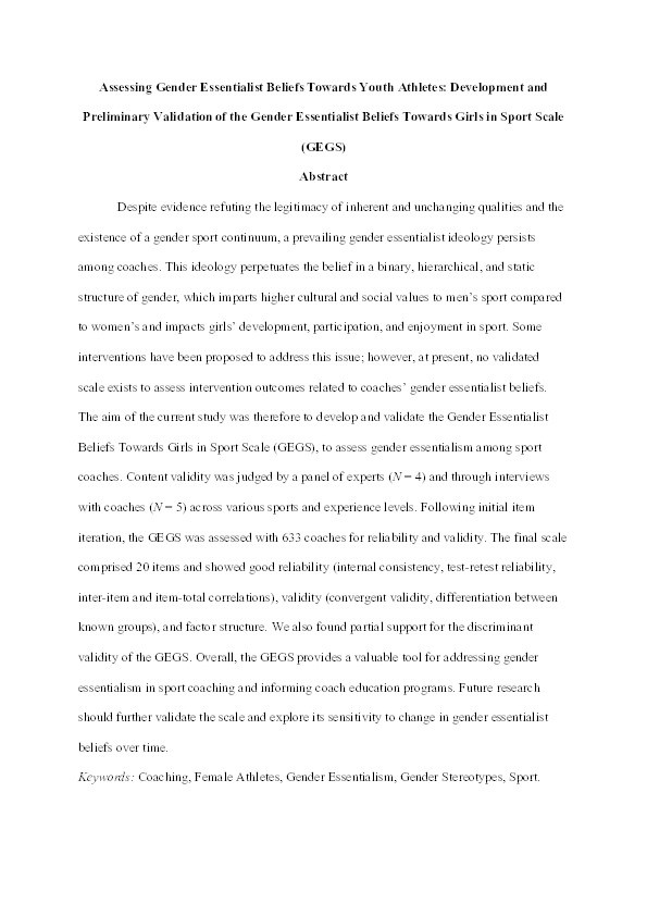 Assessing gender essentialist beliefs towards youth athletes: Development and preliminary validation of the gender essentialist beliefs towards girls in sport scale (GEGS) Thumbnail