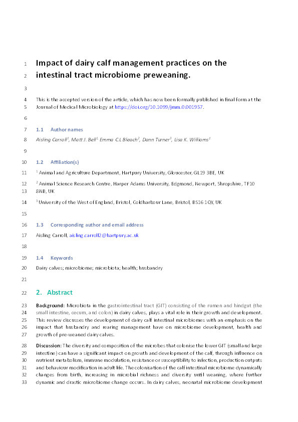 Impact of dairy calf management practices on the intestinal tract microbiome pre-weaning Thumbnail