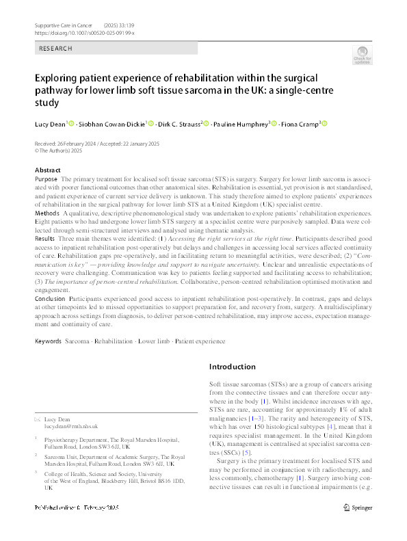 Exploring patient experience of rehabilitation within the surgical pathway for lower limb soft tissue sarcoma in the UK: A single-centre study Thumbnail