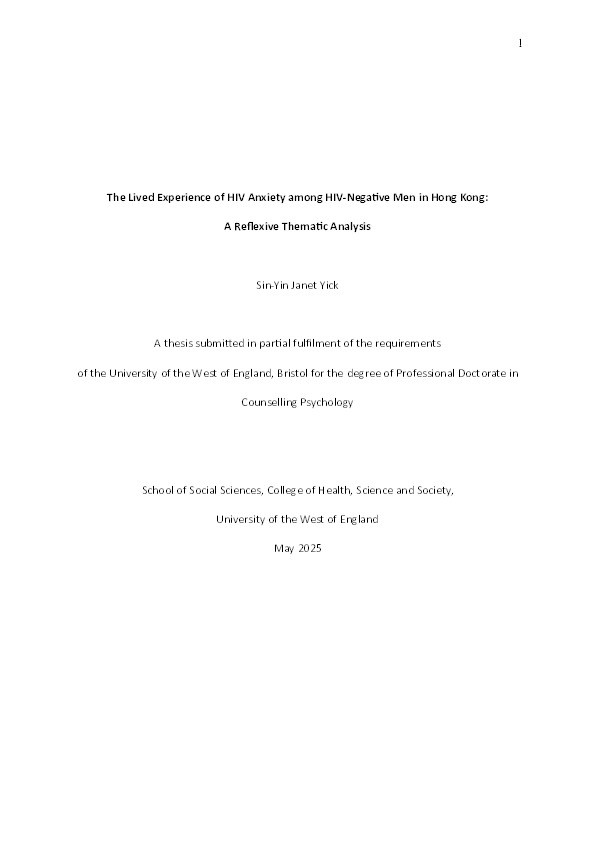 The lived experience of HIV anxiety among HIV-negative men in Hong Kong: A reflexive thematic analysis Thumbnail