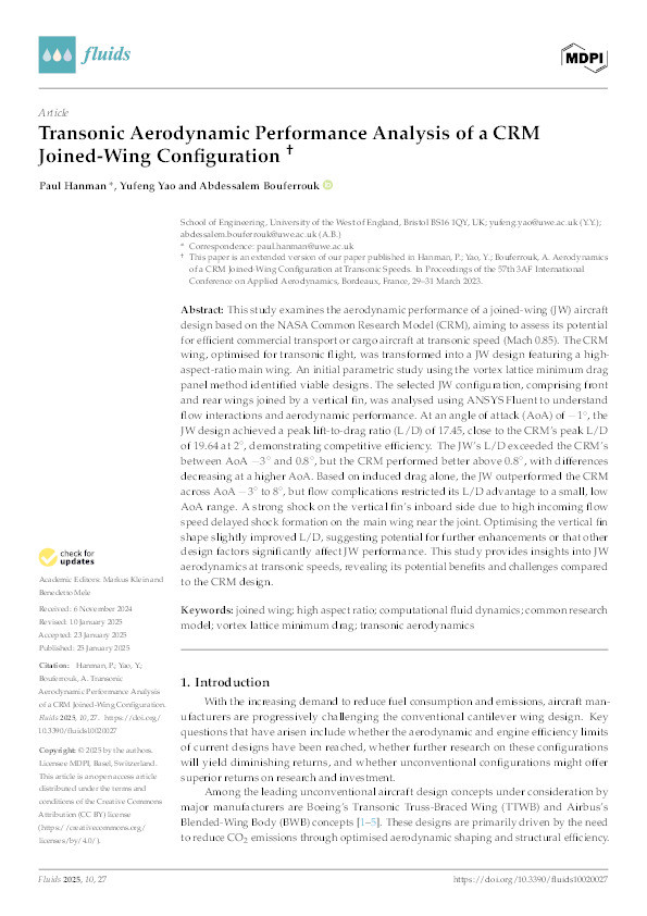 Transonic aerodynamic performance analysis of a CRM joined-wing configuration Thumbnail