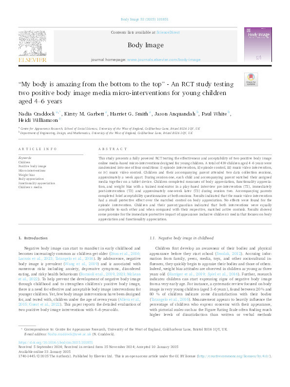 "My body is amazing from the bottom to the top" - An RCT study testing two positive body image media micro-interventions for young children aged 4-6 years Thumbnail