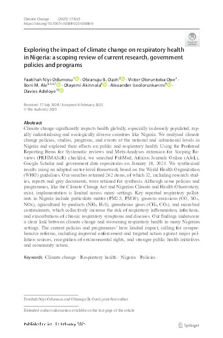 Exploring the impact of climate change on respiratory health in Nigeria: A scoping review of current research, government policies and programs Thumbnail