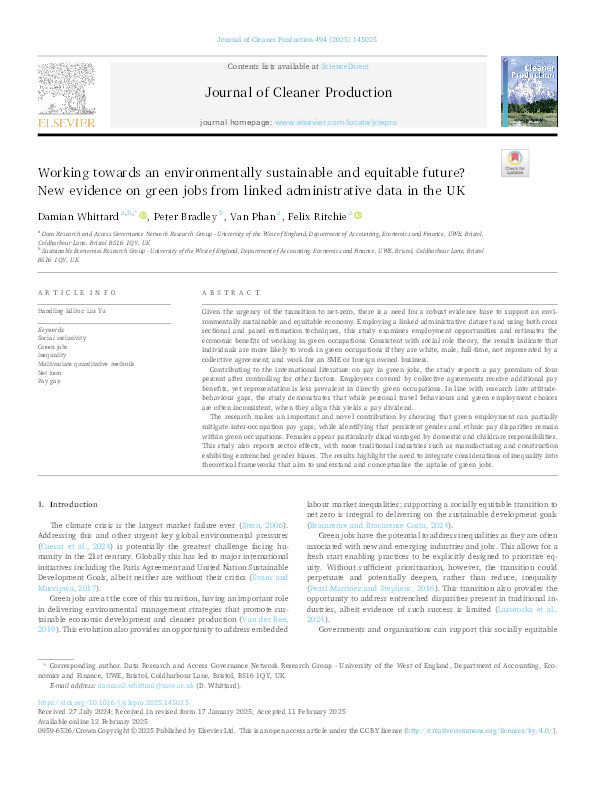 Working towards an environmentally sustainable and equitable future? New evidence on green jobs from linked administrative data in the UK Thumbnail