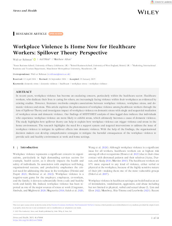 Workplace violence is home now for healthcare workers: Spillover theory perspective Thumbnail