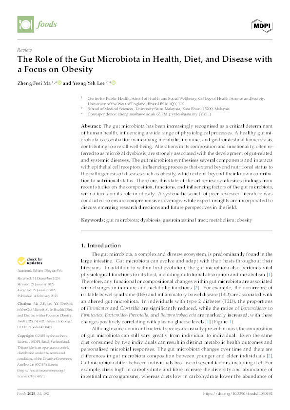 The role of the gut microbiota in health, diet, and disease with a focus on obesity Thumbnail
