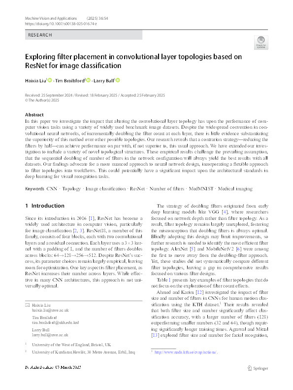 Exploring filter placement in convolutional layer topologies based on ResNet for image classification Thumbnail