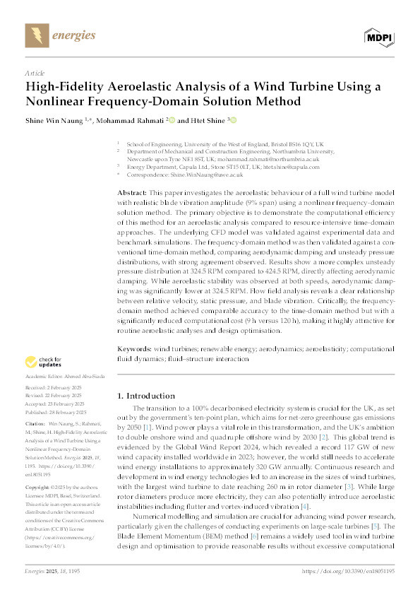 High-fidelity aeroelastic analysis of a wind turbine using a nonlinear frequency-domain solution method Thumbnail