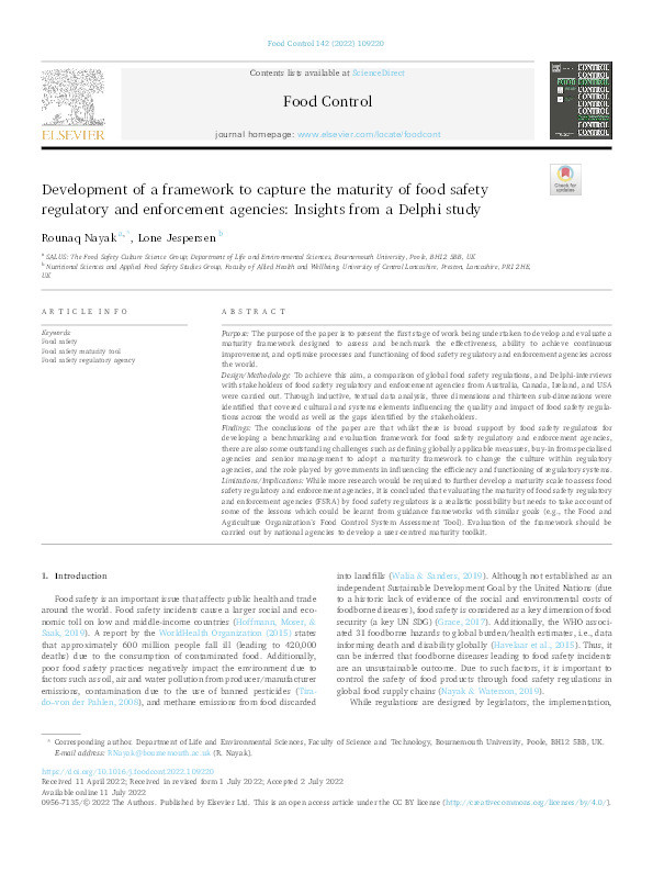 Development of a framework to capture the maturity of food safety regulatory and enforcement agencies: Insights from a Delphi study Thumbnail