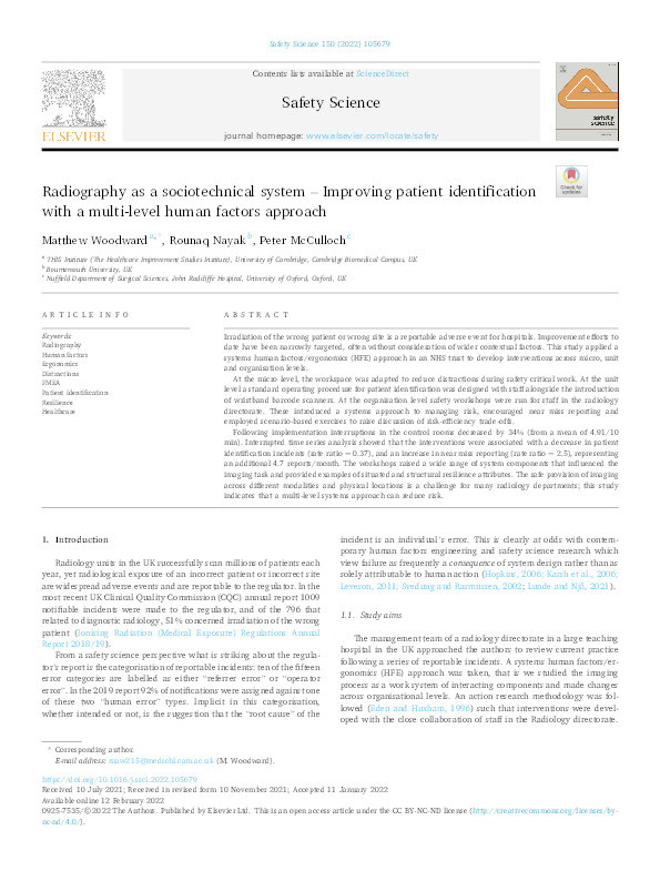 Radiography as a sociotechnical system – improving patient identification with a multi-level human factors approach Thumbnail