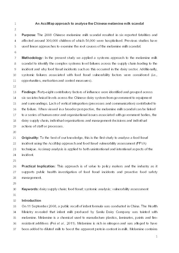 An AcciMap approach to analyse the Chinese melamine milk scandal Thumbnail