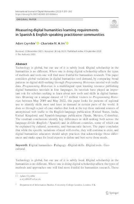 Measuring digital humanities learning requirements in Spanish & English-speaking practitioner communities Thumbnail