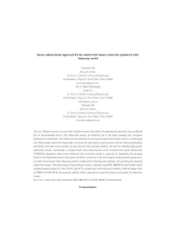 Image enhancement approach for the underwater images using the optimized color balancing model Thumbnail