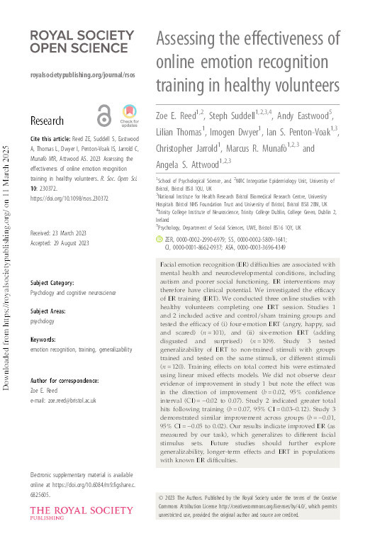 Assessing the effectiveness of online emotion recognition training in healthy volunteers Thumbnail