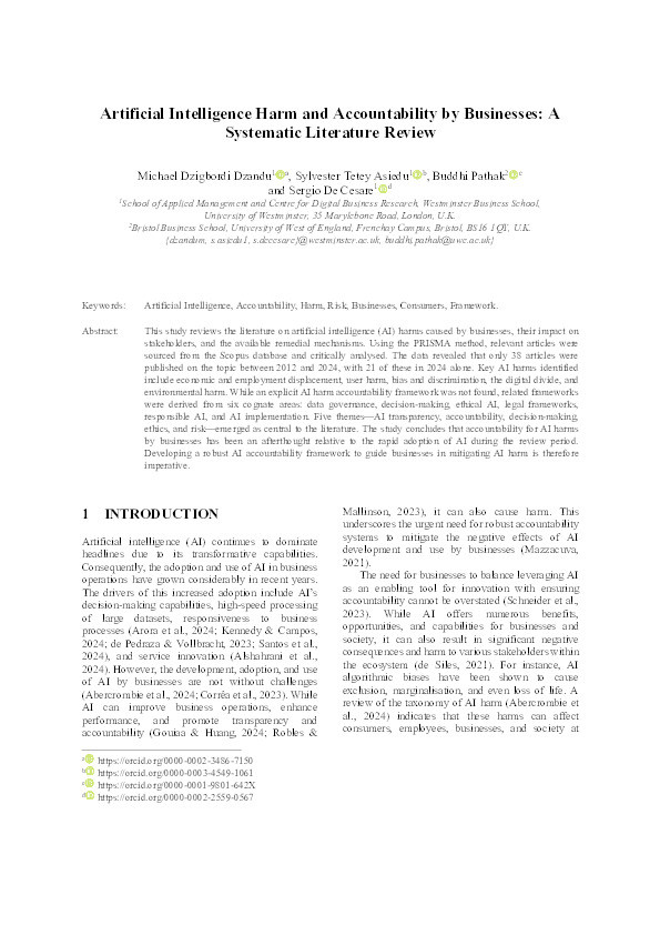 Artificial intelligence harm and accountability by businesses: A systematic literature review Thumbnail