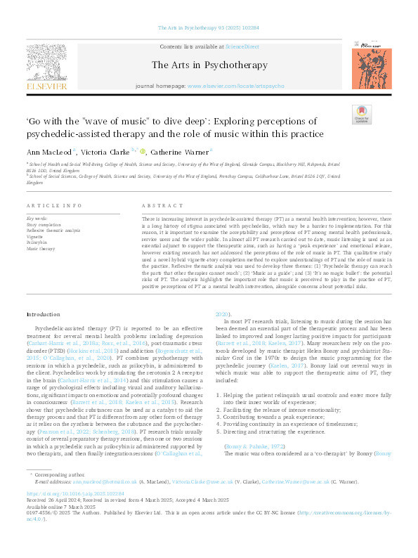 ‘Go with the "wave of music" to dive deep’: Exploring perceptions of psychedelic-assisted therapy and the role of music within this practice Thumbnail