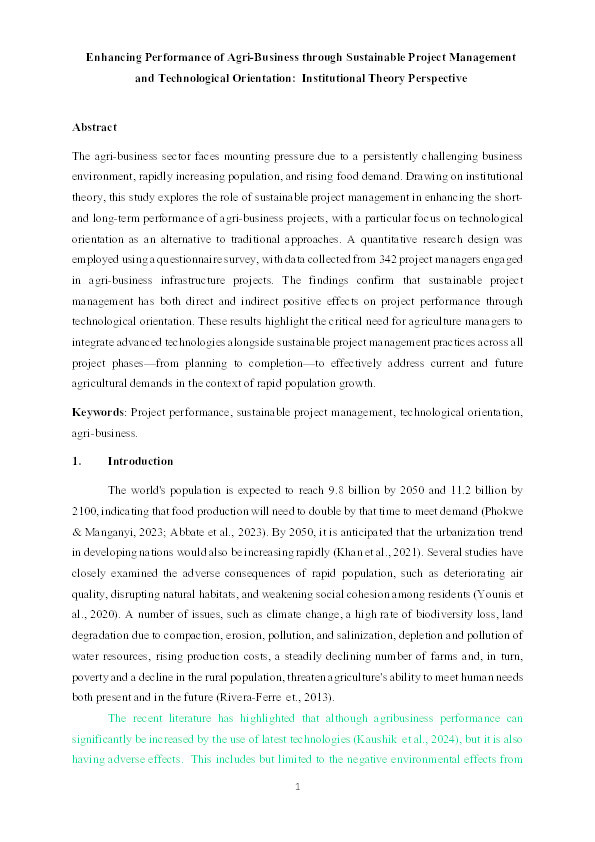 Enhancing performance of agri-business through sustainable project management and technological orientation: Institutional theory perspective Thumbnail