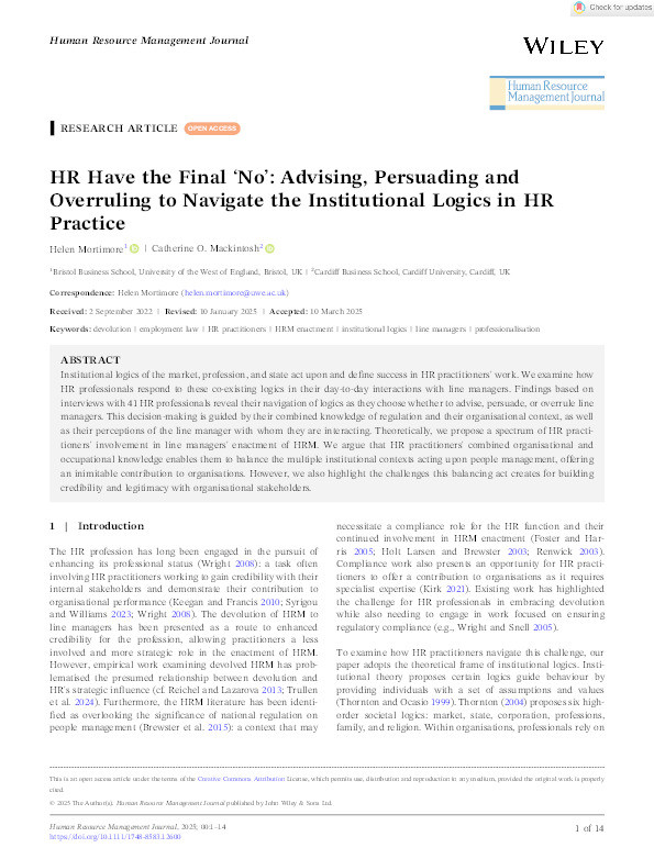 HR have the final ‘No’: Advising, persuading and overruling to navigate the institutional logics in HR practice Thumbnail