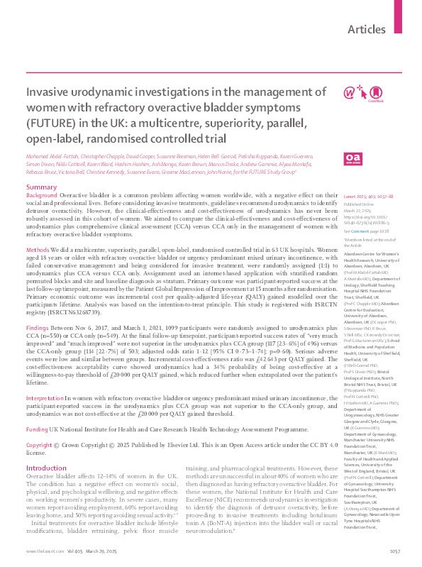 Invasive urodynamic investigations in the management of women with refractory overactive bladder symptoms (FUTURE) in the UK: A multicentre, superiority, parallel, open-label, randomised controlled trial Thumbnail