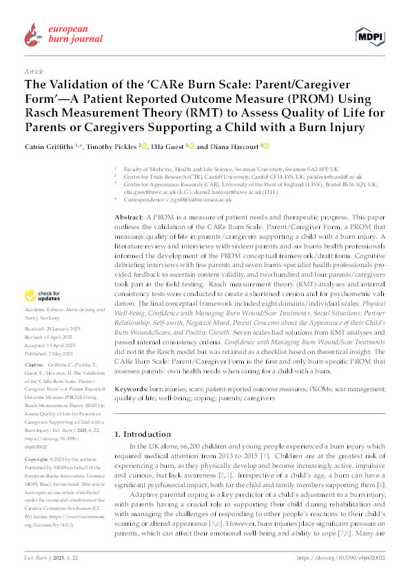 The validation of the ‘CARe Burn Scale: Parent/Caregiver Form’ - a Patient Reported Outcome Measure (PROM) using Rasch Measurement Theory (RMT) to assess quality of life for parents or caregivers supporting a child with a burn injury Thumbnail