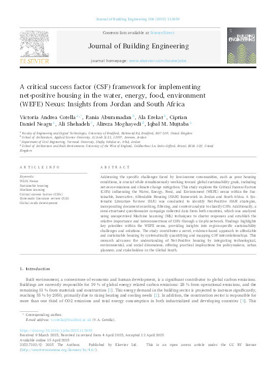 A Critical Success Factor (CSF) framework for implementing net-positive housing in the Water, Energy, Food, Environment (WEFE) Nexus: Insights from Jordan and South Africa Thumbnail