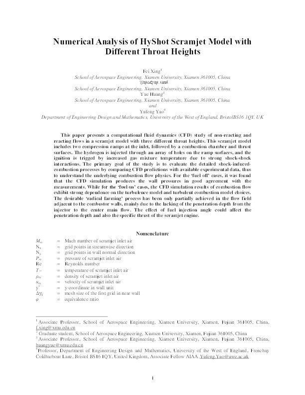 Numerical analysis of HyShot Scramjet Model with different throat heights Thumbnail