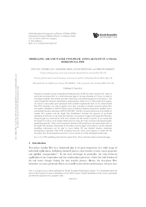 Modelling air and water two-phase annular flow in small horizontal pipe Thumbnail