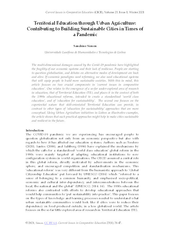 Territorial education through urban agriculture: Contributing to building sustainable cities in times of a pandemic Thumbnail
