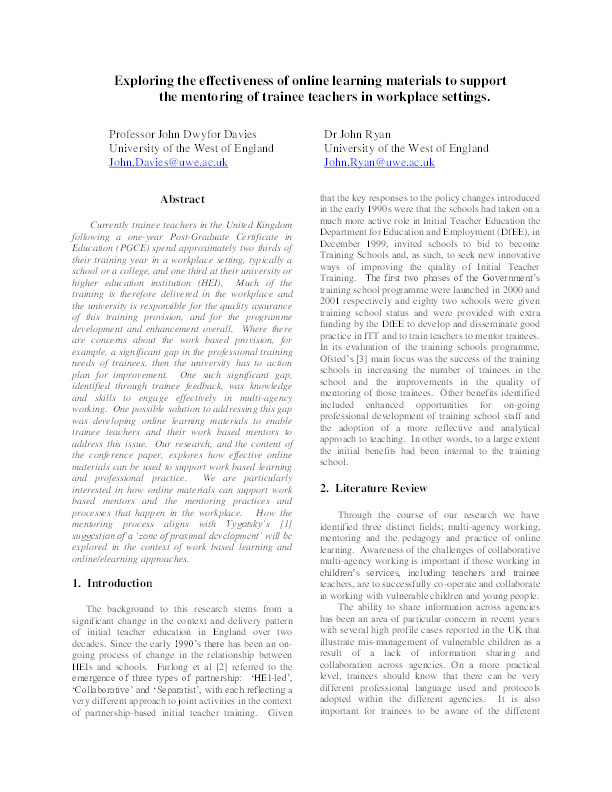 Exploring the effectiveness of online learning materials to support the mentoring of trainee teachers in workplace settings Thumbnail