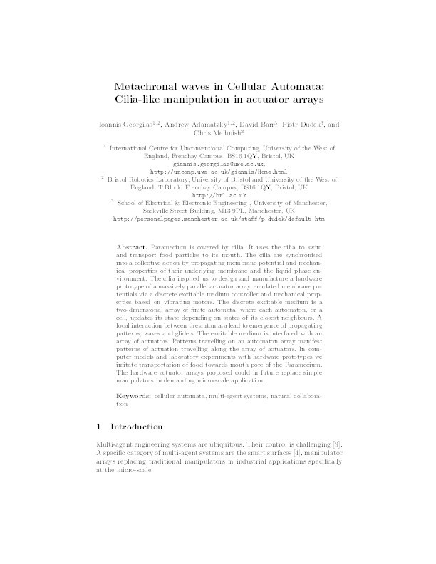 Metachronal waves in cellular automata: Cilia-like manipulation in actuator arrays Thumbnail